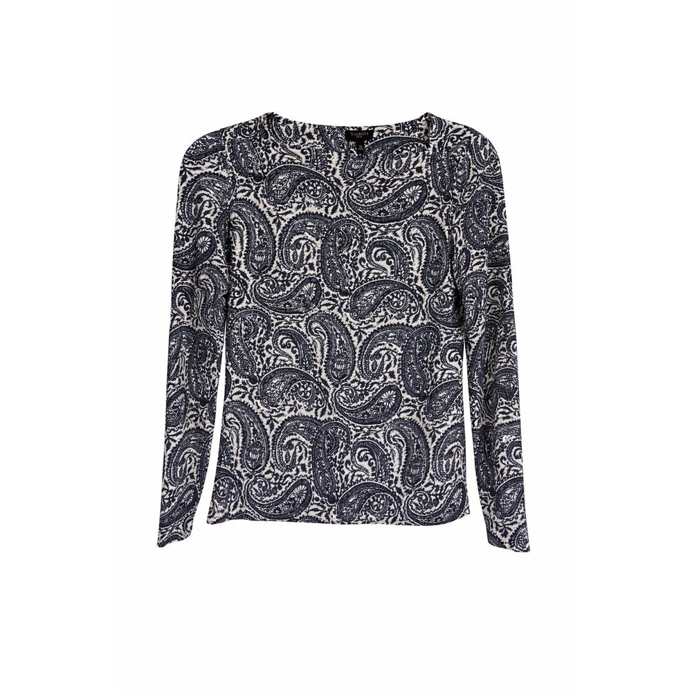 Talbots Paisley Top Small Petite Navy White Square Neck Stretch Preppy